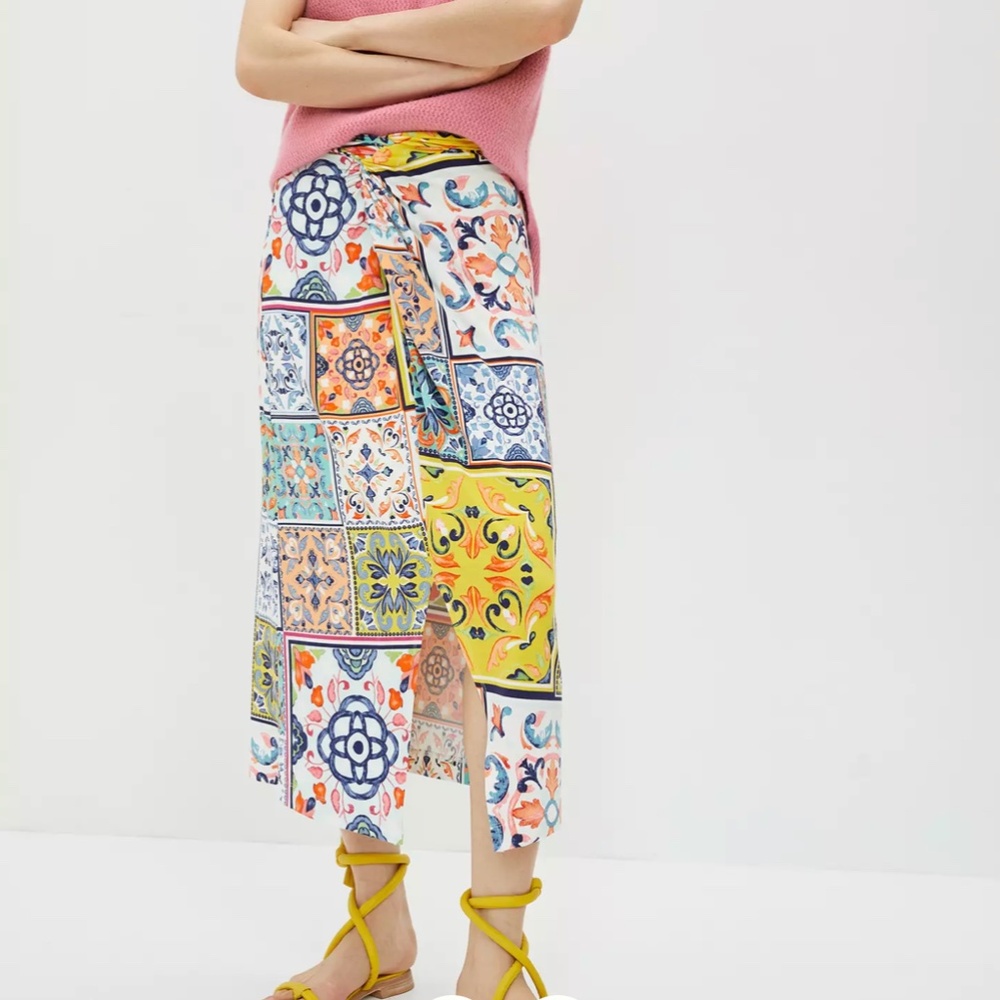 Anthropologie Tiled Geometric Tile Print Twist Front Midi Skirt